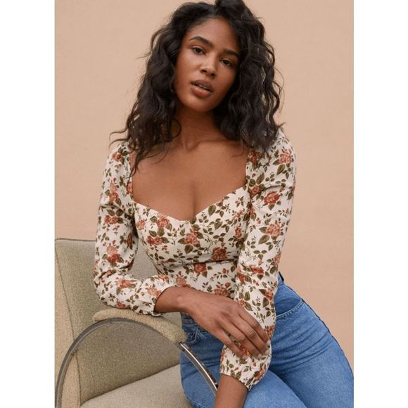 Reformation Tops - NWT Reformation Reign Long Sleeve Top with Sweetheart Neckline in Foliage, Size